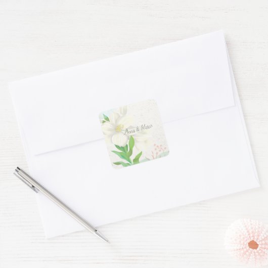 Hochzeitseinladung delikate Blume Quadratischer Aufkleber (Umschlag)
