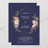 Hochzeitseinladung der Marine mit rosa Blumen Einladung (Vorne/Hinten)