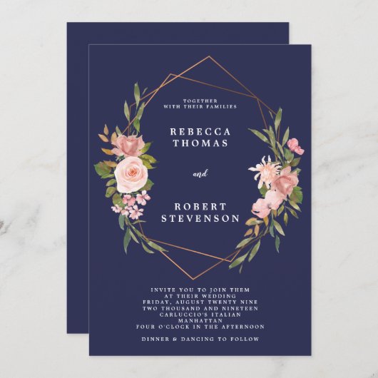 Hochzeitseinladung der Marine mit rosa Blumen Einladung (Vorne/Hinten)