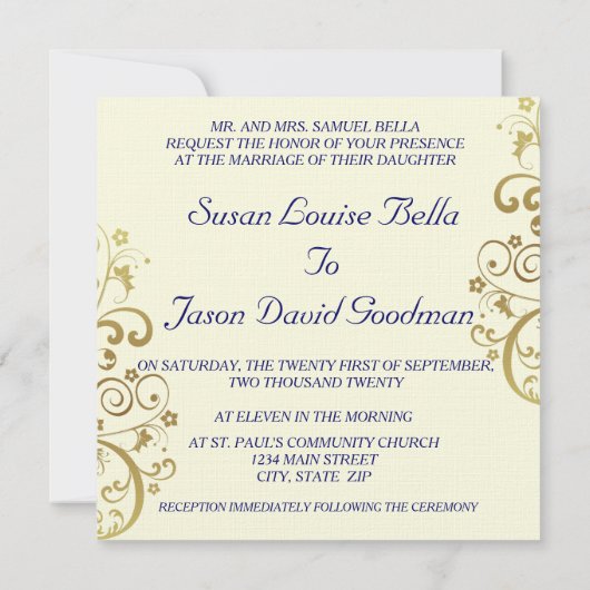 Hochzeitseinladung - Dunkelblaue und goldene Wirbe Einladung (Rückseite)