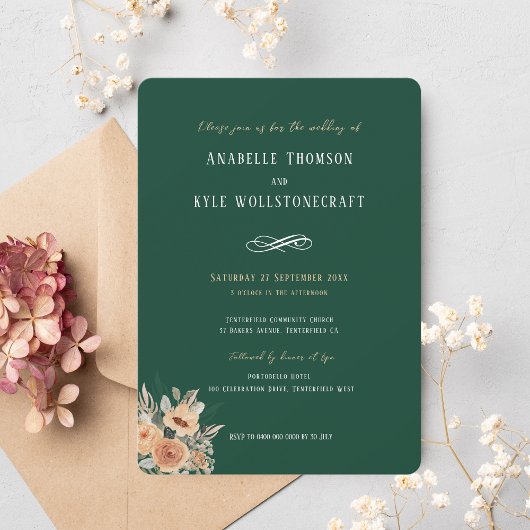 Hochzeitseinladung - Dunkelgrün mit Blumen Einladung