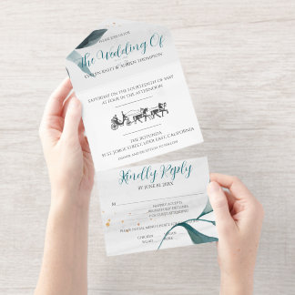 Hochzeitseinladung, einfach mit Retro-Kutsche All-in-One-Einladung