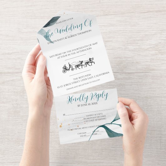 Hochzeitseinladung, einfach mit Retro-Kutsche All-in-One-Einladung (Abreißstreifen)