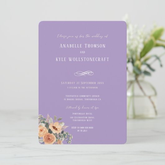 Hochzeitseinladung - Eleganter Lavendel mit Blumen Einladung (Stehend Vorderseite)