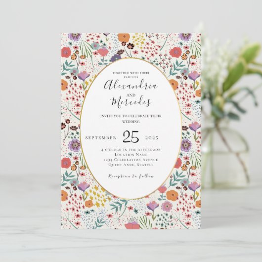 Hochzeitseinladung farbenfrohe Blume Frühlingsblum Einladung (Stehend Vorderseite)