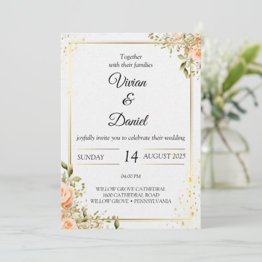 Hochzeitseinladung für Blume mit Gold und Pfirsich Einladung (Stehend Vorderseite)