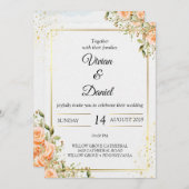 Hochzeitseinladung für Blume mit Gold und Pfirsich Einladung (Vorne/Hinten)
