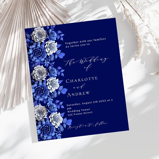 Hochzeitseinladung für Navy Blue-Silber-Florals