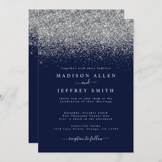 Hochzeitseinladung für Navy Blue und Silver Glitze Ankündigung (Vorne/Hinten)
