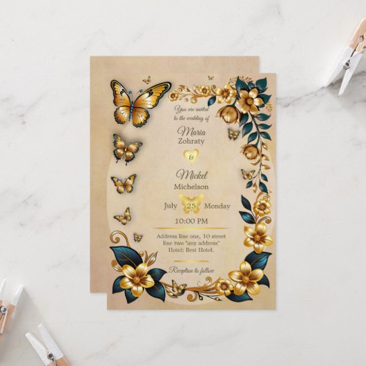 Hochzeitseinladung goldene Schmetterlinge Einladung (Vorderseite/Rückseite Beispiel)