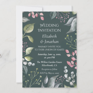 Hochzeitseinladung mit blassgrauen und roten Blätt Einladung