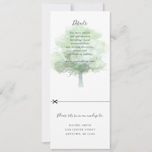 Hochzeitseinladung mit grünem Eichenholz und uAwg Einladung (Rückseite)