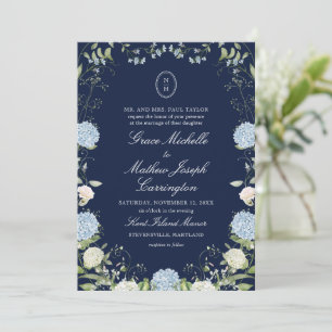 Hochzeitseinladung mit Monogramm und Hortensien in Einladung