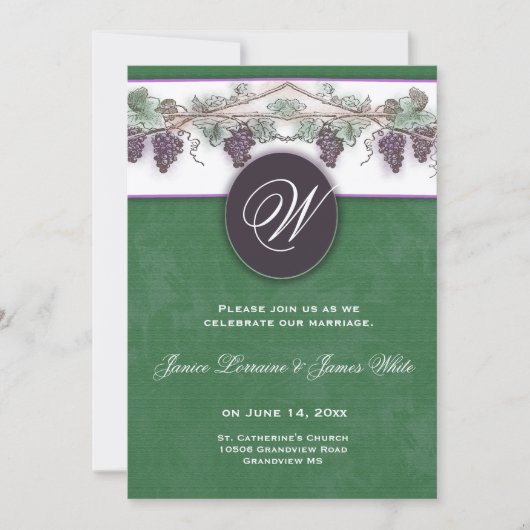 Hochzeitseinladung mit Monogramm und Weintrauben Einladung (Vorderseite)