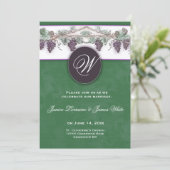 Hochzeitseinladung mit Monogramm und Weintrauben Einladung (Stehend Vorderseite)