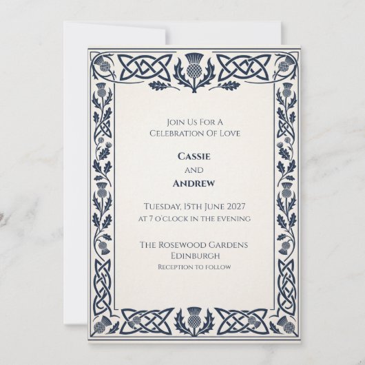 Hochzeitseinladung Navy Celtic Thistle Einladung (Vorderseite)