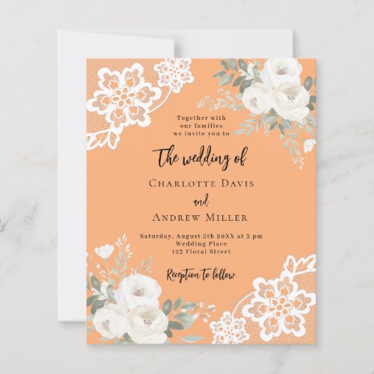 Hochzeitseinladung Peach white lace (Vorderseite)