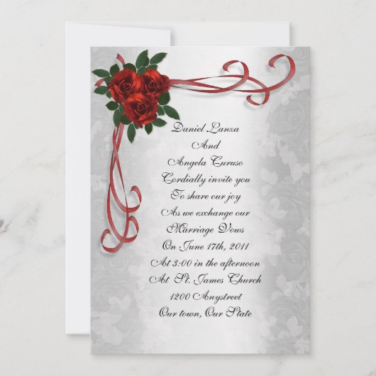 Hochzeitseinladung rote Rosen und Bänder Einladung (Vorderseite)