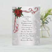 Hochzeitseinladung rote Rosen und Bänder Einladung (Stehend Vorderseite)