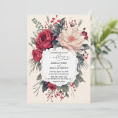 Hochzeitseinladung schöne Blume rot blau klassisch Einladung (Stehend Vorderseite)