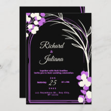 Hochzeitseinladung schwarz Hintergrund violette Bl