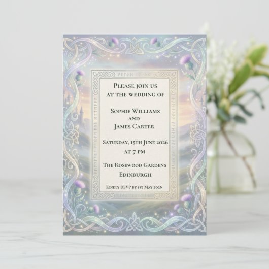 Hochzeitseinladung Sunset Celtic Thistle Einladung (Stehend Vorderseite)