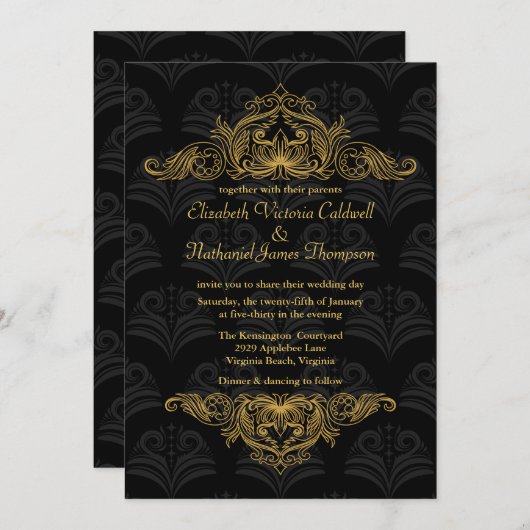 Hochzeitseinladung Vintager Goldfilet| schwarz Einladung (Vorne/Hinten)