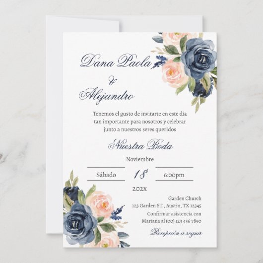 Hochzeitseinladung von Blauer Flora auf Spanisch Einladung (Vorderseite)