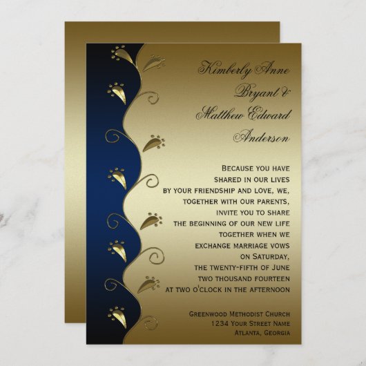 Hochzeitseinladung von Marine- und Gold-Wirbel Einladung (Vorne/Hinten)