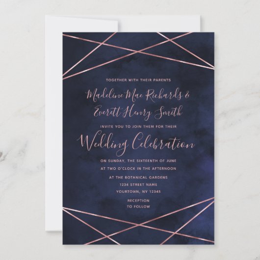 Hochzeitseinladung von Navy Blue & Rose Gold Geome Einladung (Vorderseite)