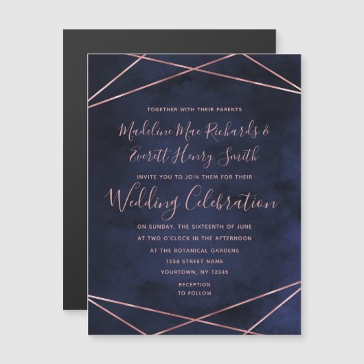 Hochzeitseinladung von Navy Blue & Rose Gold Geome Magneteinladung (Vorne/Hinten)
