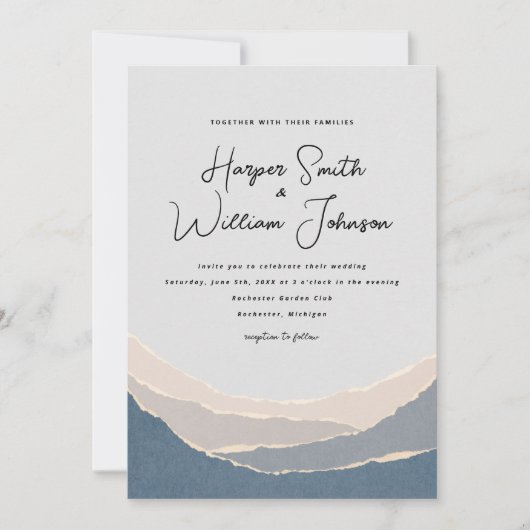 Hochzeitseinladung zu blauen zerrissenen Papieren Einladung (Vorderseite)