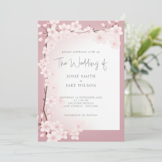 Hochzeitseinladung zur Kirschblüte an der Grenze Einladung (Stehend Vorderseite)
