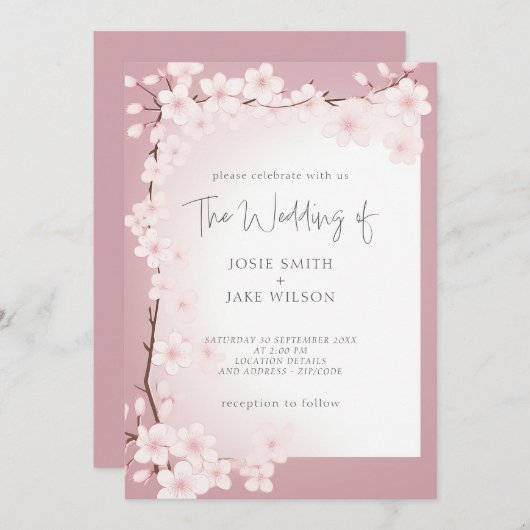 Hochzeitseinladung zur Kirschblüte an der Grenze Einladung (Vorne/Hinten)