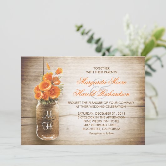 Hochzeitseinladungen für Mason Jar und Orange Blum Einladung (Stehend Vorderseite)