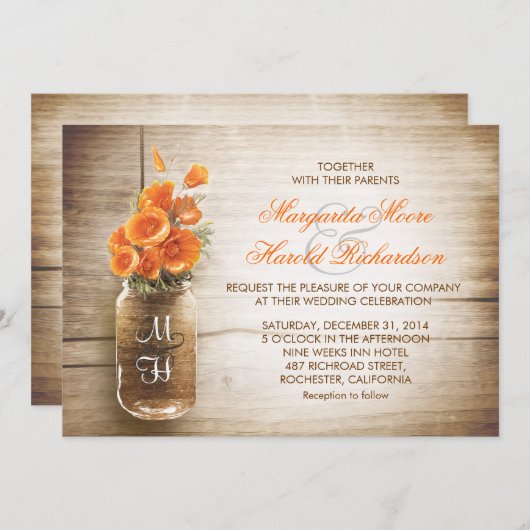 Hochzeitseinladungen für Mason Jar und Orange Blum Einladung (Vorne/Hinten)