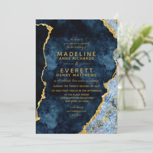 Hochzeitseinladungen für Navy Blue & Gold Foil Aga Einladung (Stehend Vorderseite)