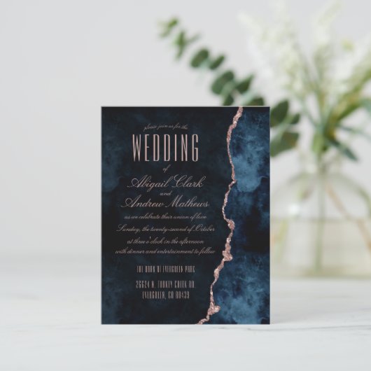 Hochzeitseinladungen für Navy Blue & Rose Gold Aga RSVP Karte (Stehend Vorderseite)