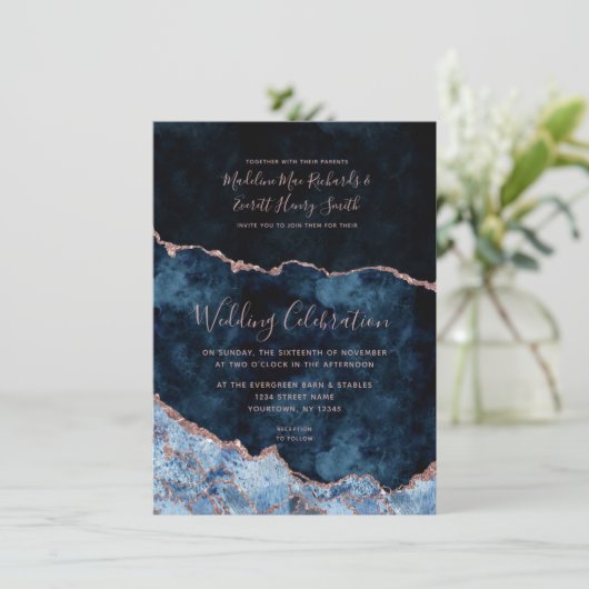 Hochzeitseinladungen für Navy Blue Rose Save The Date (Stehend Vorderseite)