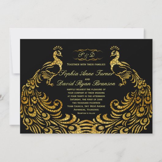 Hochzeitseinladungen | Gold Peacock Black Einladung (Vorderseite)