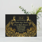 Hochzeitseinladungen | Gold Peacock Black Einladung (Stehend Vorderseite)