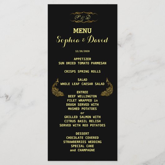 Hochzeitseinladungen | Gold Peacock Black Menu Menükarte (Vorderseite)