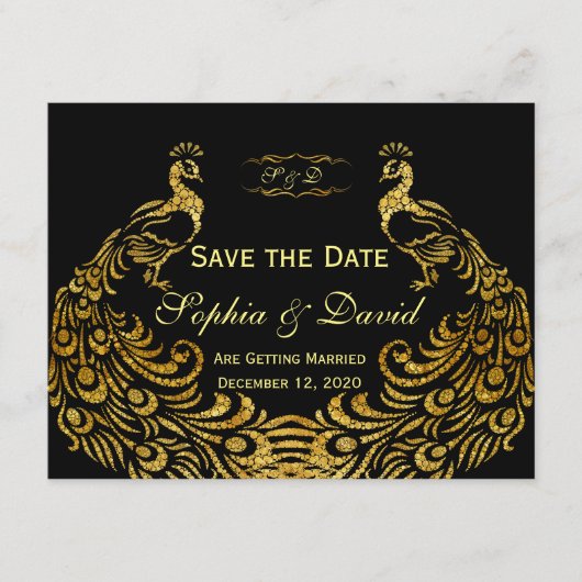 Hochzeitseinladungen | Gold Peacock SAVE THE DATE (Vorderseite)