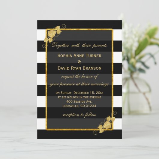 Hochzeitseinladungen | Schwarze Streifen aus Goldf Einladung (Stehend Vorderseite)