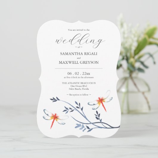 Hochzeitseinladungen Vorlage Red Dragonflies (Stehend Vorderseite)