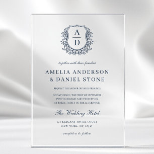 Hochzeitselegante Mongram des Blue Floral Wappen Acryleinladungen