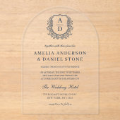 Hochzeitselegante Mongram des Blue Floral Wappen Acryleinladungen (Vorderseite)