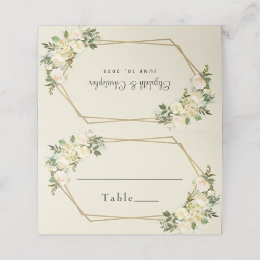 Hochzeitselegante Rose Blumengoldrahmen Platzkarte (Außenseite Aufgefaltet)