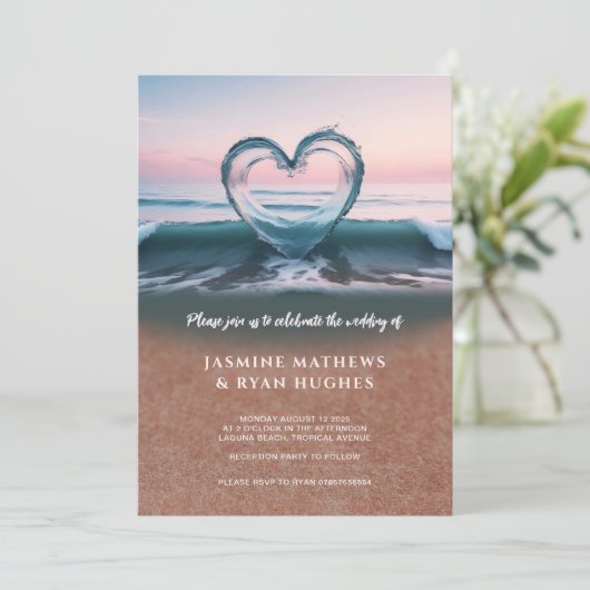 Hochzeitsempfang am Strand, Herz der Liebe Einladung (Stehend Vorderseite)