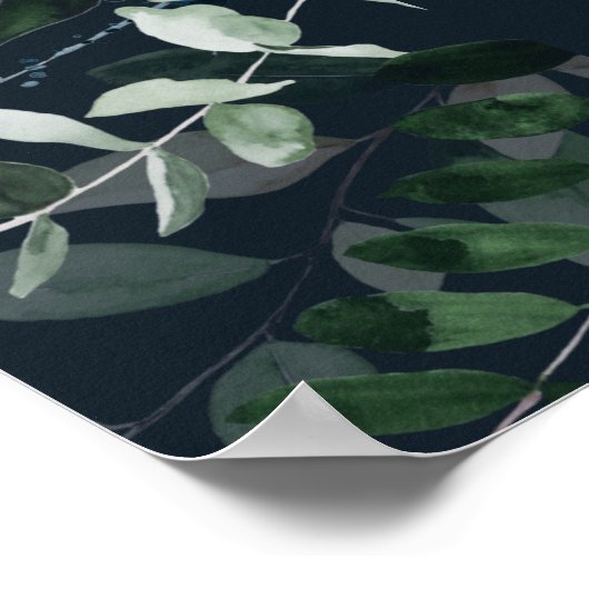 Hochzeitsempfang auf einer Navy Black Leafy Tropic Poster (Ecke)